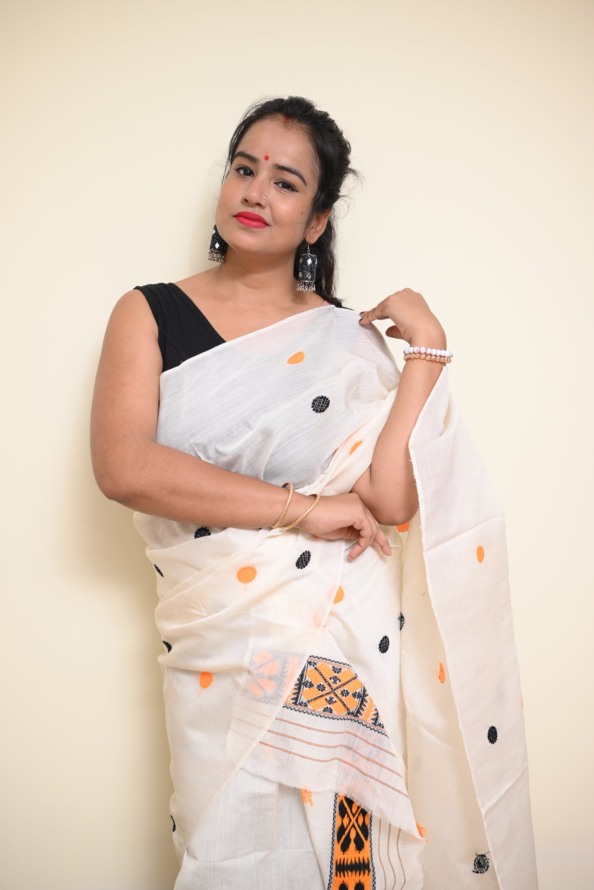 Ready to Wear – Handcrafted White & Orange Semi-Nuni Mekhela Sador with Black & Mustard Embroidery and Unstitched Blouse