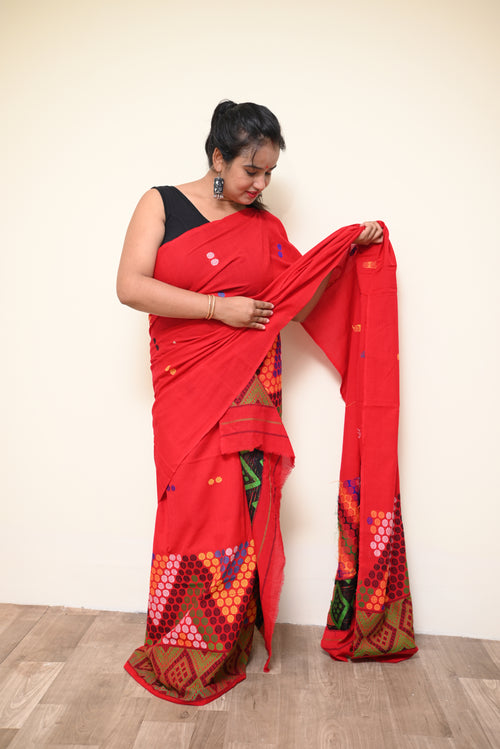 Ready to Wear – Handcrafted Red Padmini Cotton Mekhela Sador with Missing Jura Motifs & Unstitched Blouse