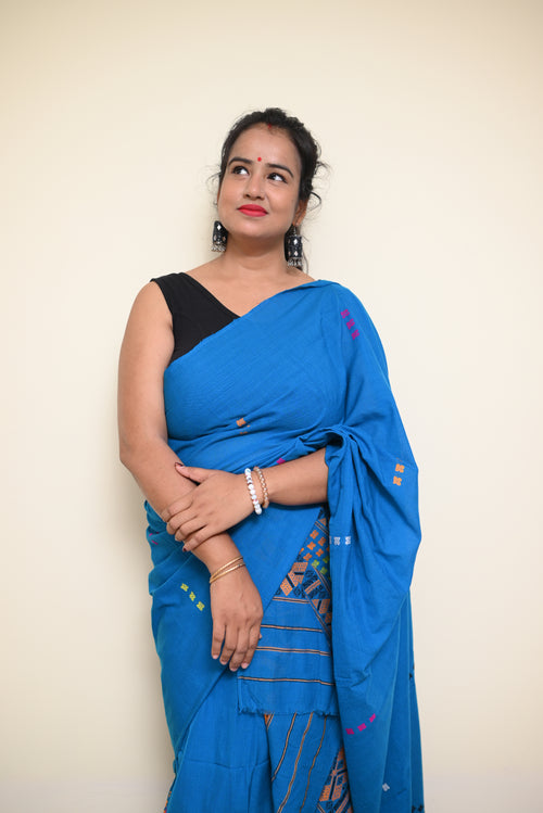 Ready to Wear – Handcrafted Blue Padmini Cotton Mekhela Sador with Missing Jura Motifs & Unstitched Blouse