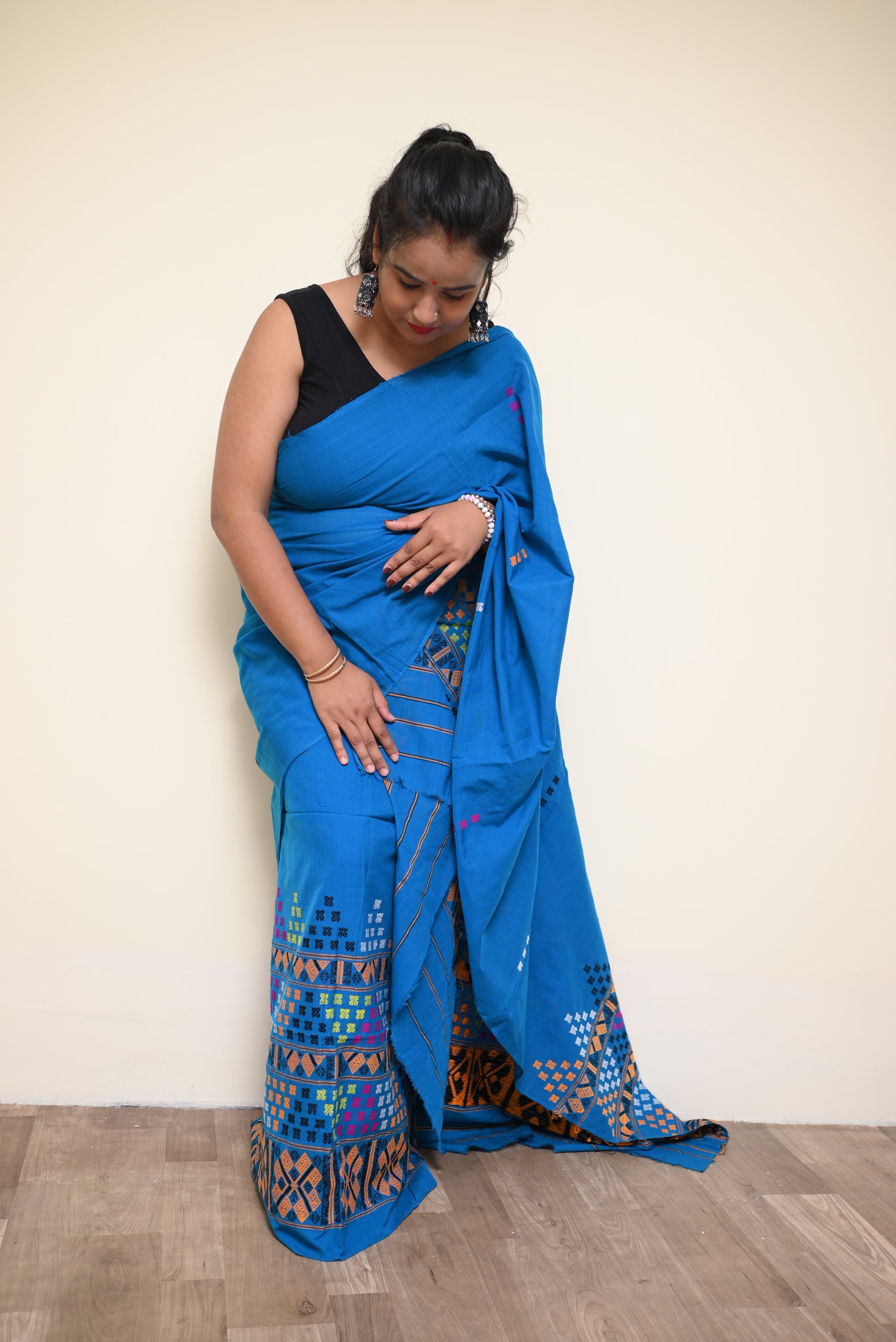 Ready to Wear – Handcrafted Blue Padmini Cotton Mekhela Sador with Missing Jura Motifs & Unstitched Blouse