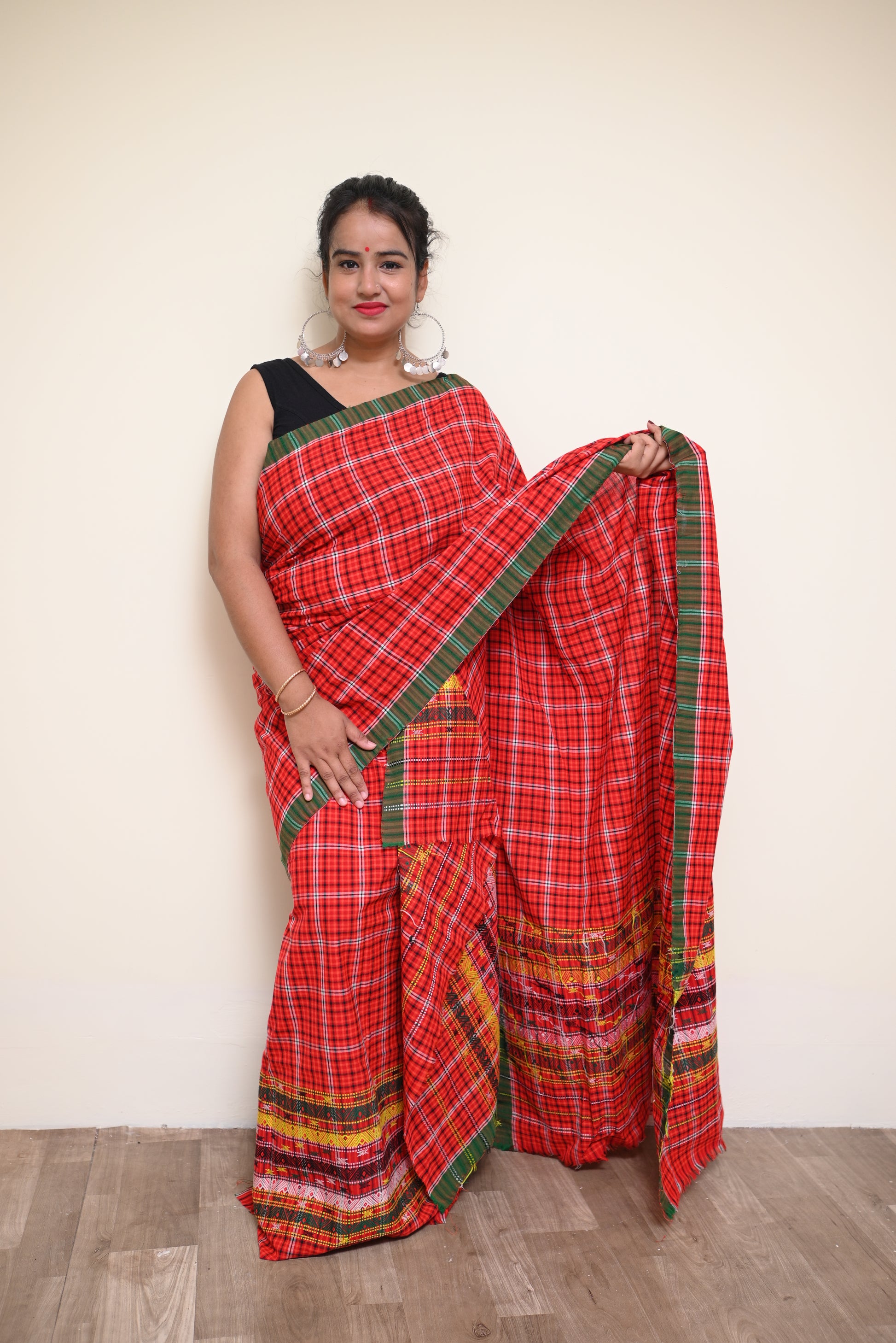 Ready to Wear – Handcrafted Red Padmini Cotton Mekhela Sador with Green Border & Unstitched Blouse