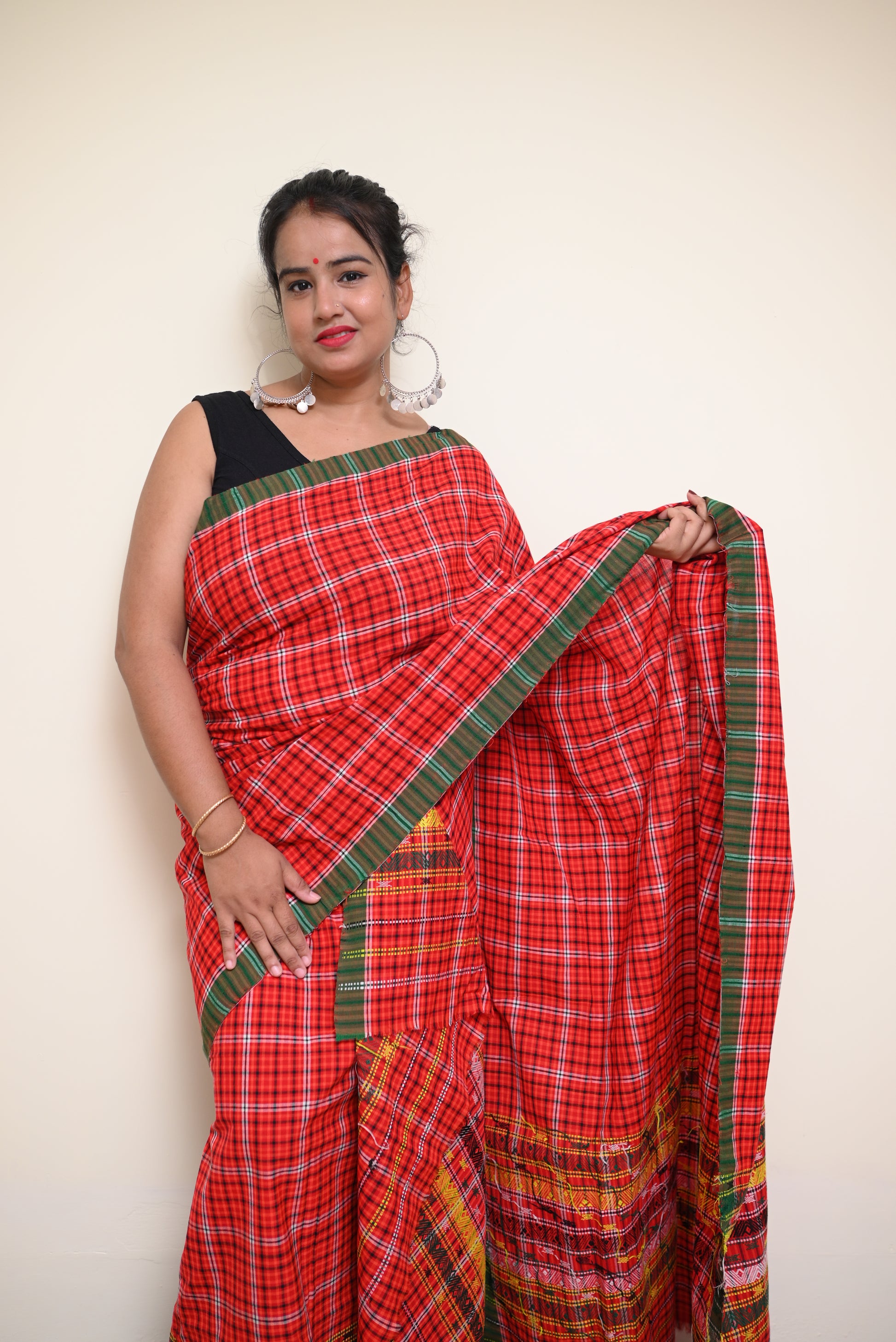 Ready to Wear – Handcrafted Red Padmini Cotton Mekhela Sador with Green Border & Unstitched Blouse