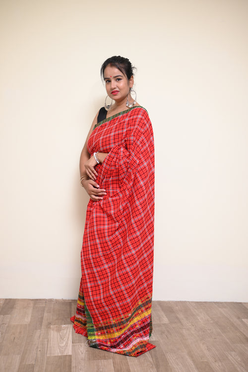 Ready to Wear – Handcrafted Red Padmini Cotton Mekhela Sador with Green Border & Unstitched Blouse