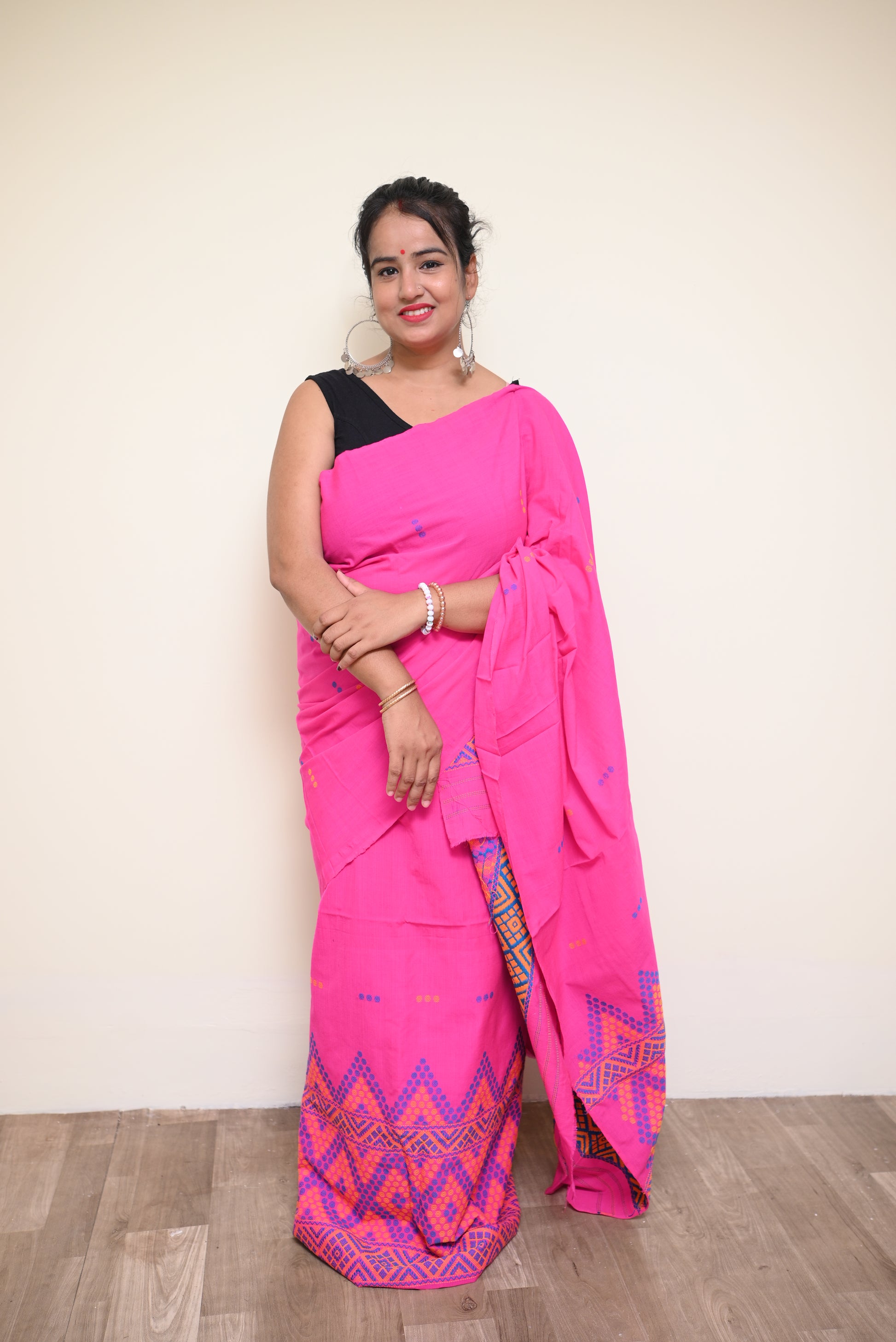 Ready to Wear – Handcrafted Pink Padmini Cotton Mekhela Sador with Missing Jura Motifs & Unstitched Blouse