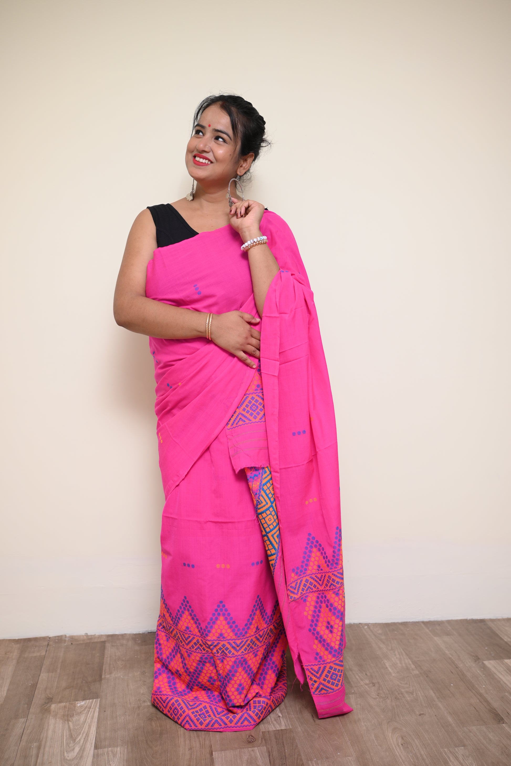 Ready to Wear – Handcrafted Pink Padmini Cotton Mekhela Sador with Missing Jura Motifs & Unstitched Blouse
