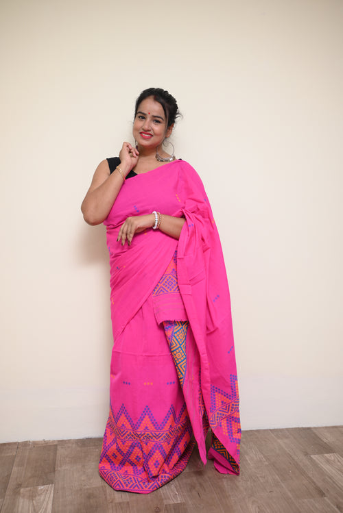 Ready to Wear – Handcrafted Pink Padmini Cotton Mekhela Sador with Missing Jura Motifs & Unstitched Blouse