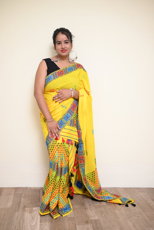 Padmini Yellow Missing Mekhela Sador – Ready to Wear with Unstitched Blouse