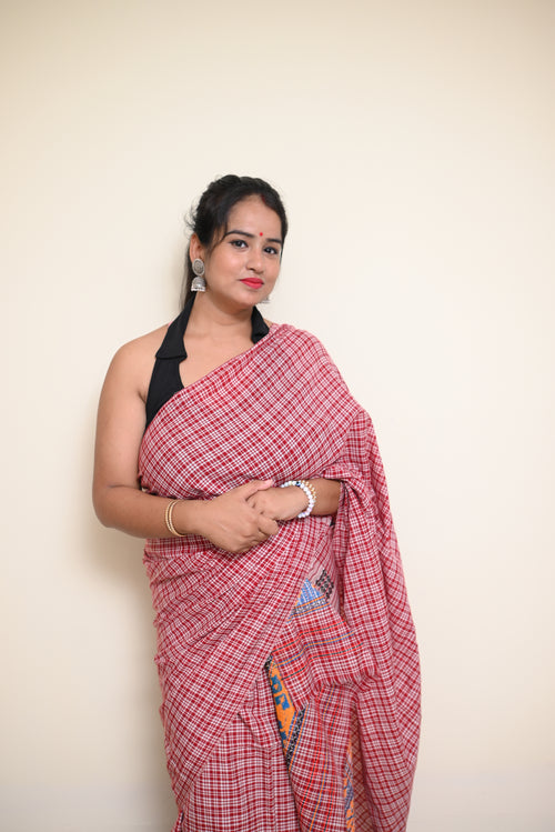 Padmini Pajok – Traditional Assamese Mekhela Sador in Red Checkered Design (Ready to Wear)