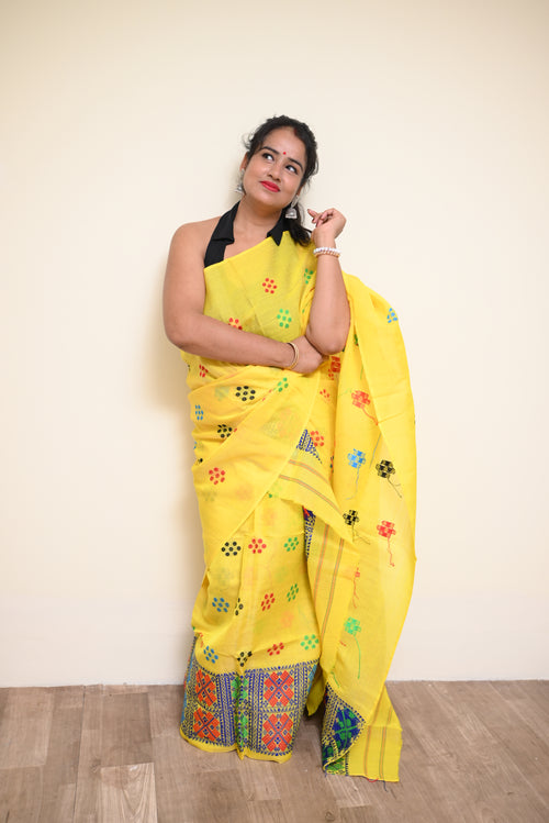 Ready to Wear – Vibrant Yellow Semi-Nuni Mekhela Sador with Multicolor Floral Buta & Unstitched Blouse