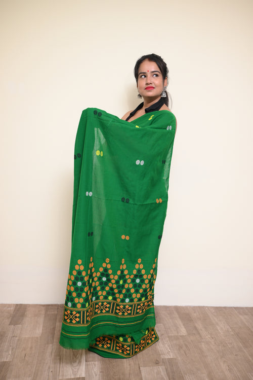 Handcrafted Green Padmini Cotton Mekhela Sador with Missing Jura Motifs & Unstitched Blouse