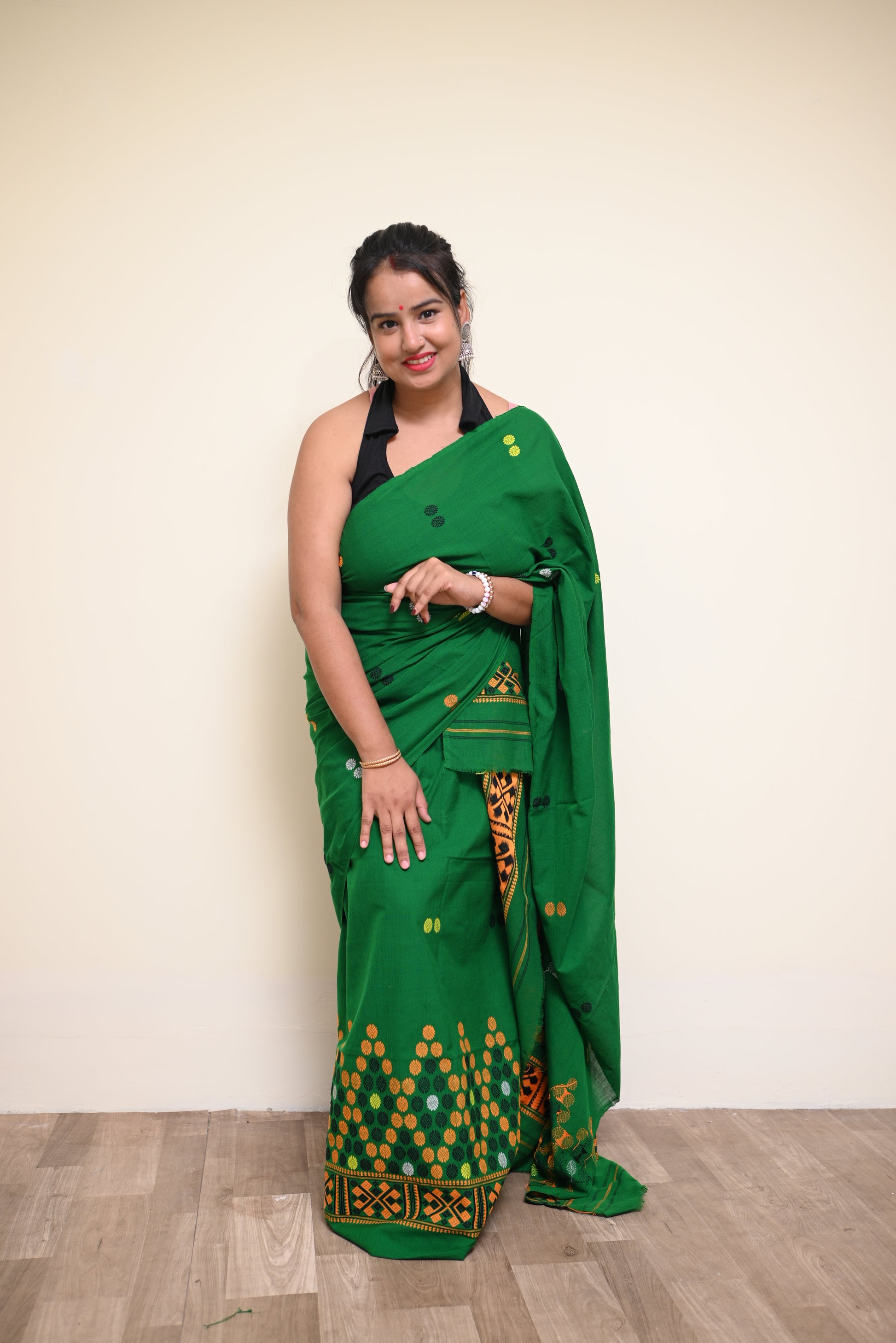 Handcrafted Green Padmini Cotton Mekhela Sador with Missing Jura Motifs & Unstitched Blouse