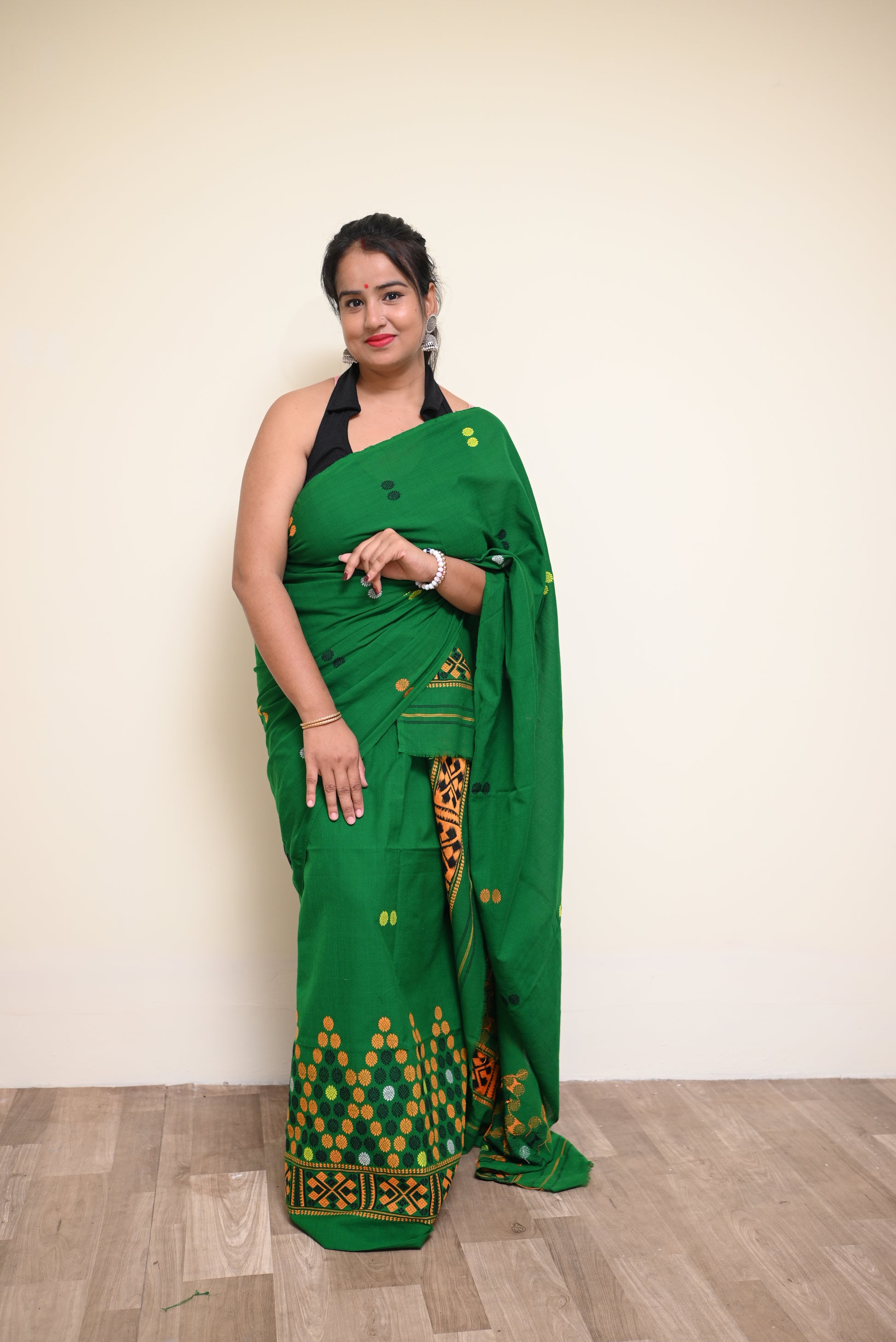 Handcrafted Green Padmini Cotton Mekhela Sador with Missing Jura Motifs & Unstitched Blouse