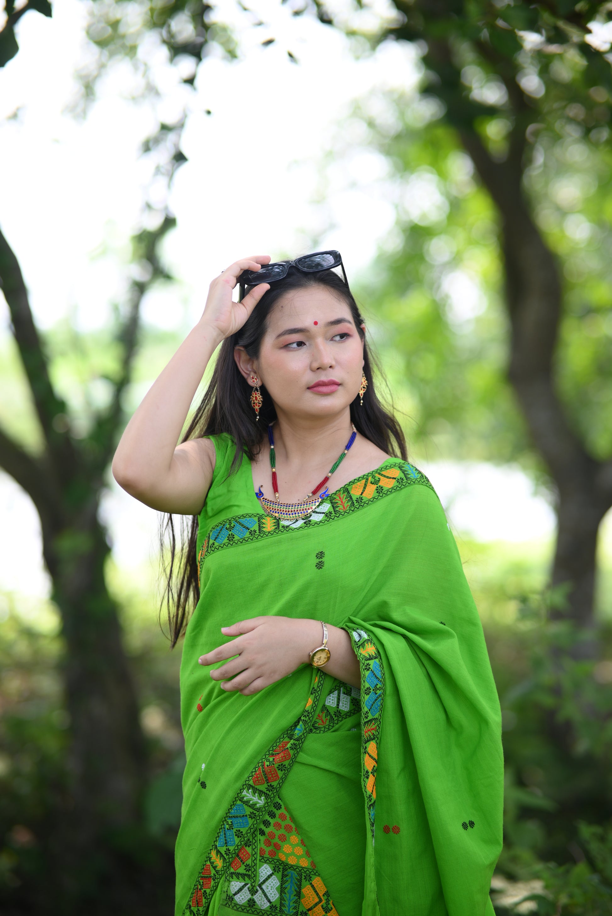 Handcrafted Meadow Green Padmini Cotton Mising Mekhela Sadorwith Unstitched Blouse Piece