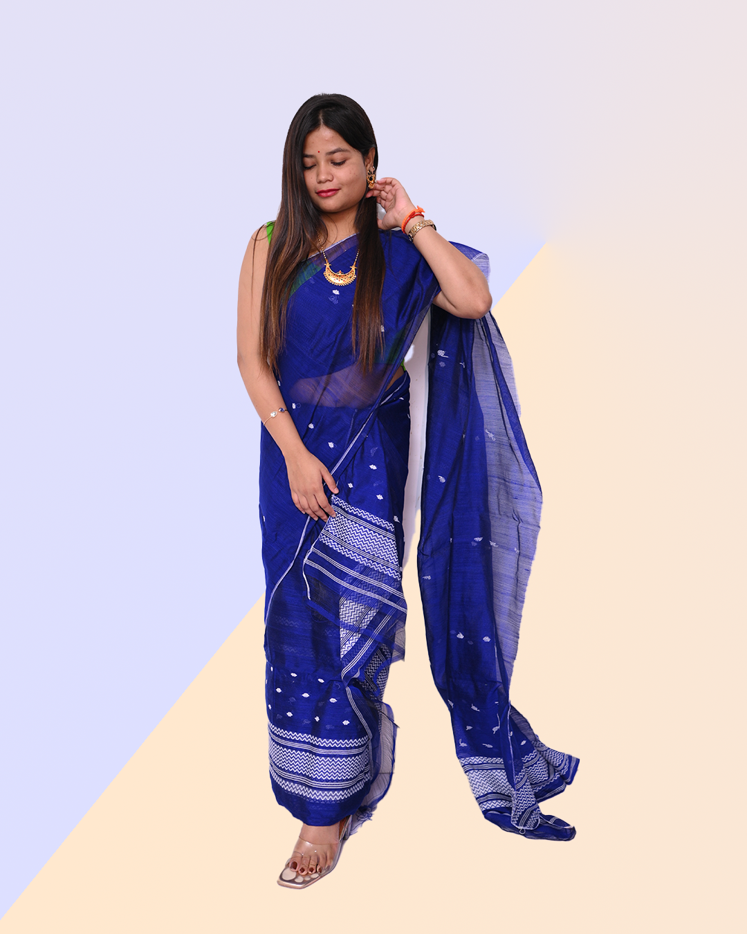 Handcrafted Royal Blue Staple Cotton Mekhela Sador with Unstitched Blouse Piece
