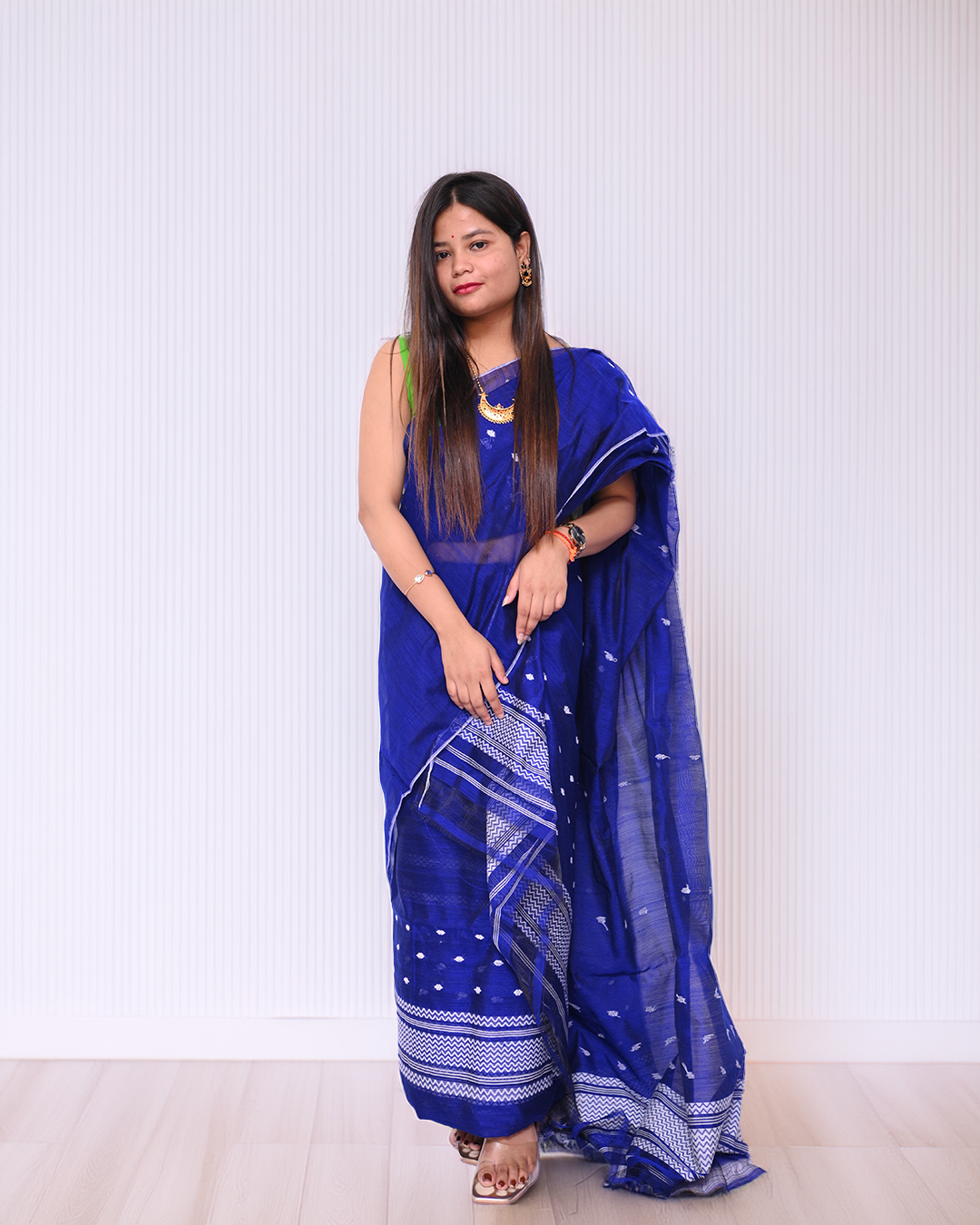 Handcrafted Royal Blue Staple Cotton Mekhela Sador with Unstitched Blouse Piece