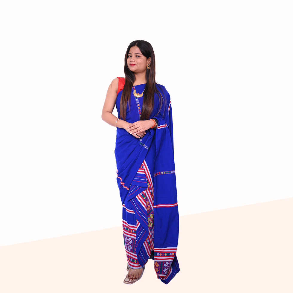 Handcrafted Royal Blue Padmini Cotton Mising Mekhela Sador with Unstitched Blouse Piece