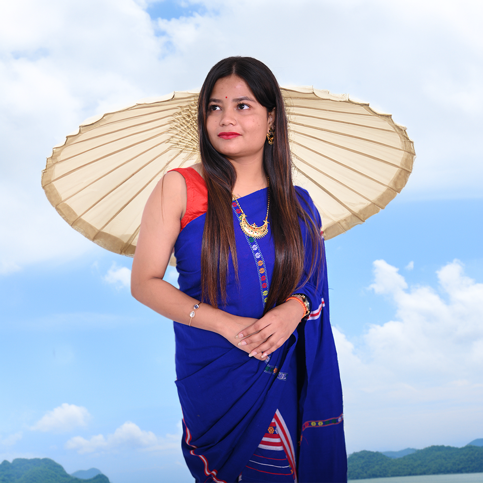 Handcrafted Royal Blue Padmini Cotton Mising Mekhela Sador with Unstitched Blouse Piece