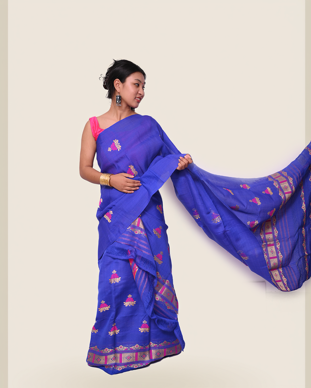 Handcrafted Royal Blue Kesapat Cotton Mekhela Sador with Unstitched Blouse Piece