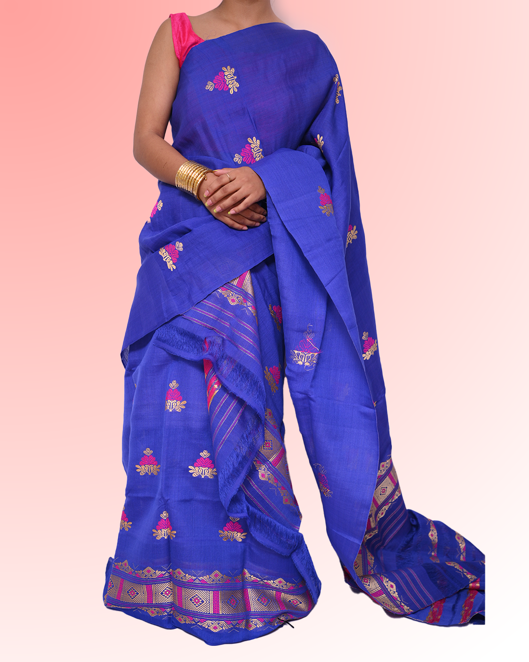 Handcrafted Royal Blue Kesapat Cotton Mekhela Sador with Unstitched Blouse Piece