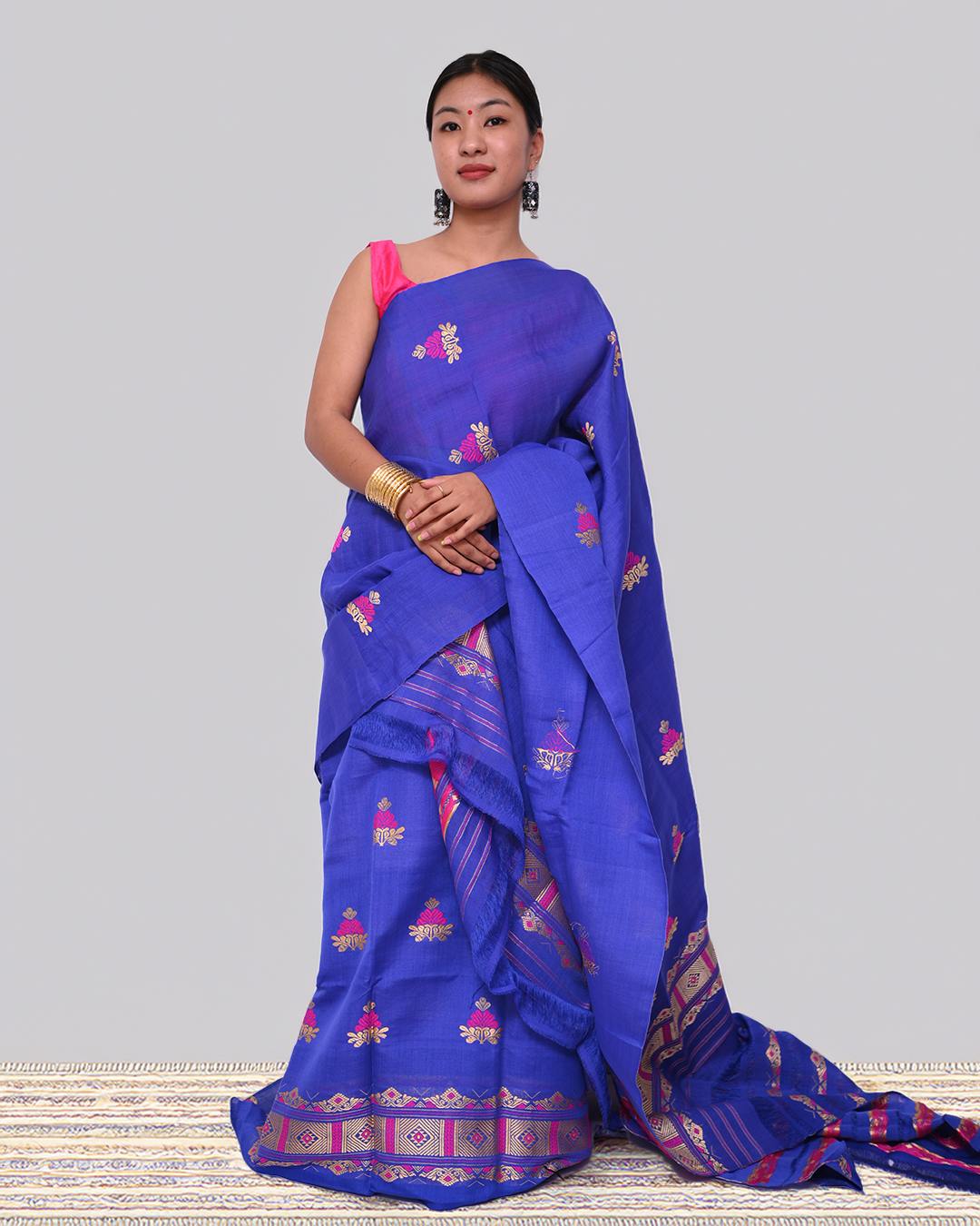 Handcrafted Royal Blue Kesapat Cotton Mekhela Sador with Unstitched Blouse Piece