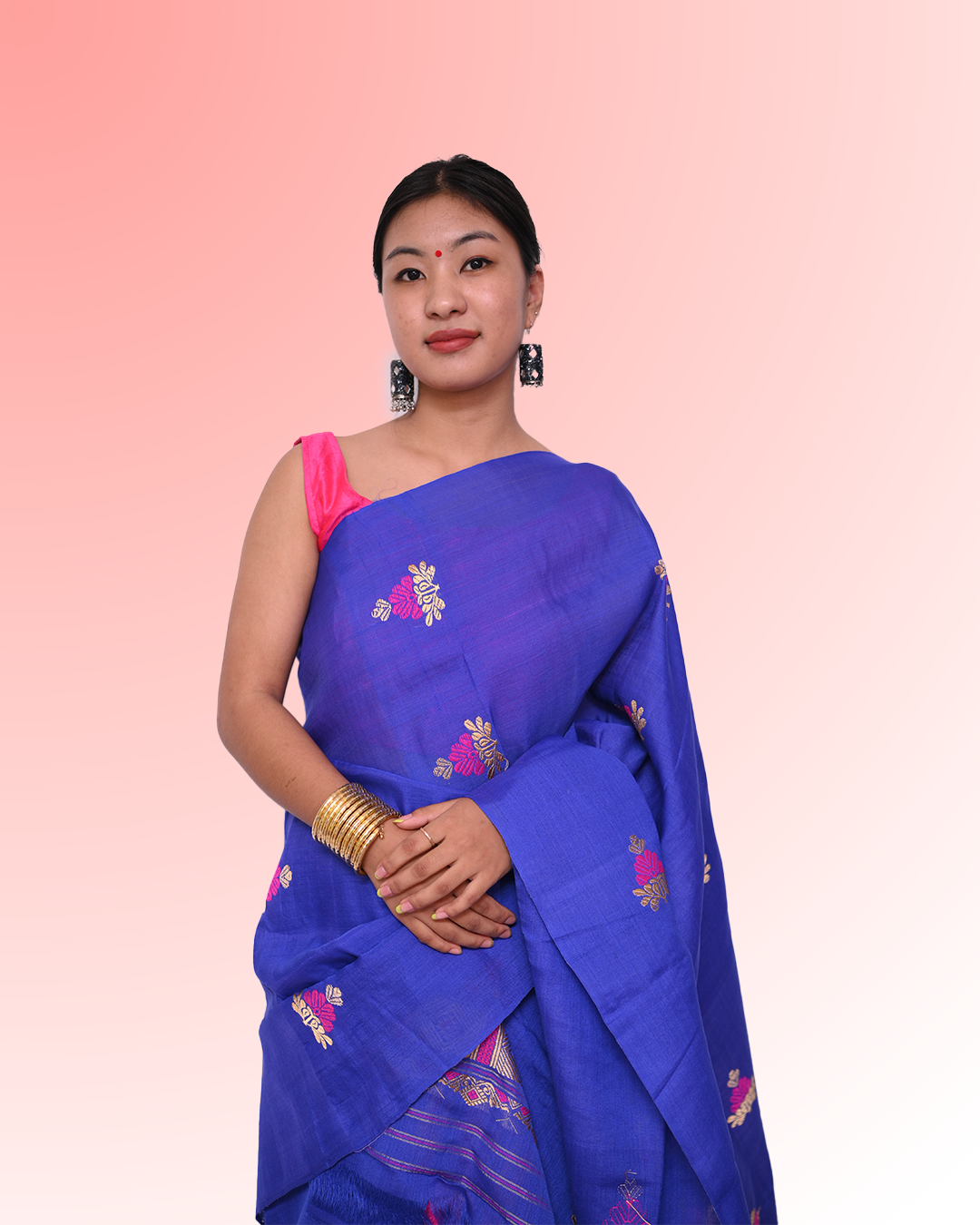 Handcrafted Royal Blue Kesapat Cotton Mekhela Sador with Unstitched Blouse Piece