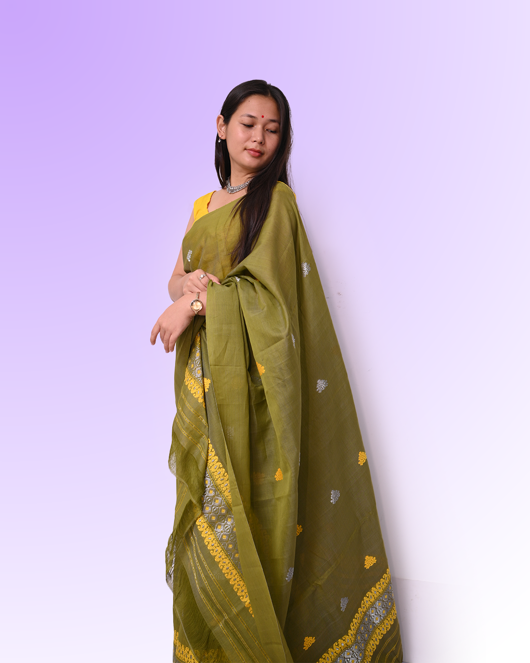 Handcrafted Bottle Green Nooni Cotton Mekhela Sador with Unstitched Blouse Piece