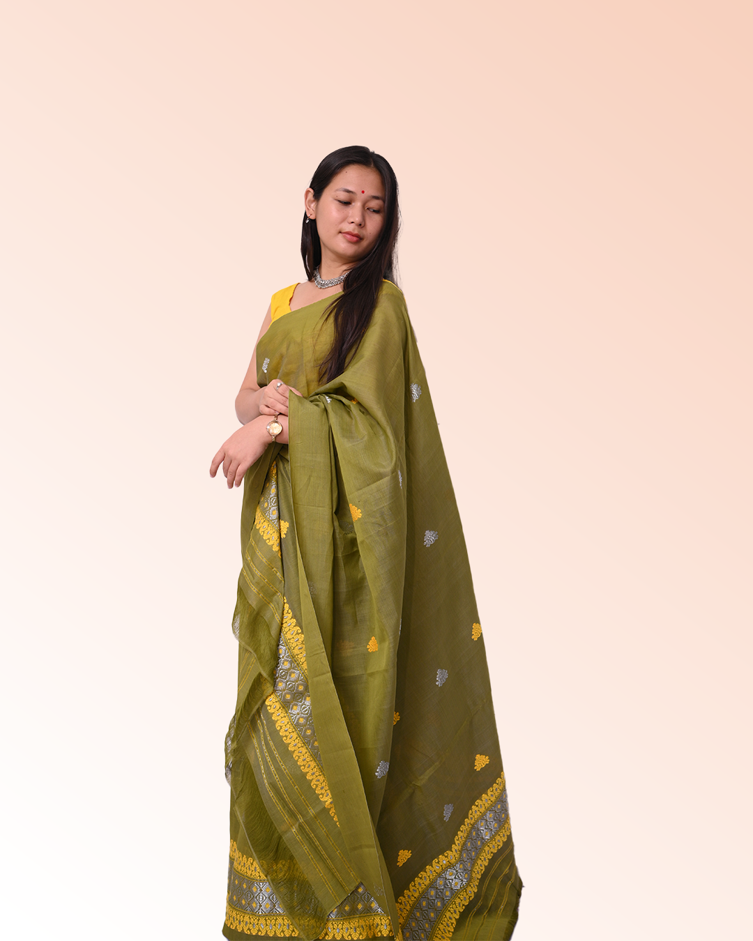Handcrafted Bottle Green Nooni Cotton Mekhela Sador with Unstitched Blouse Piece