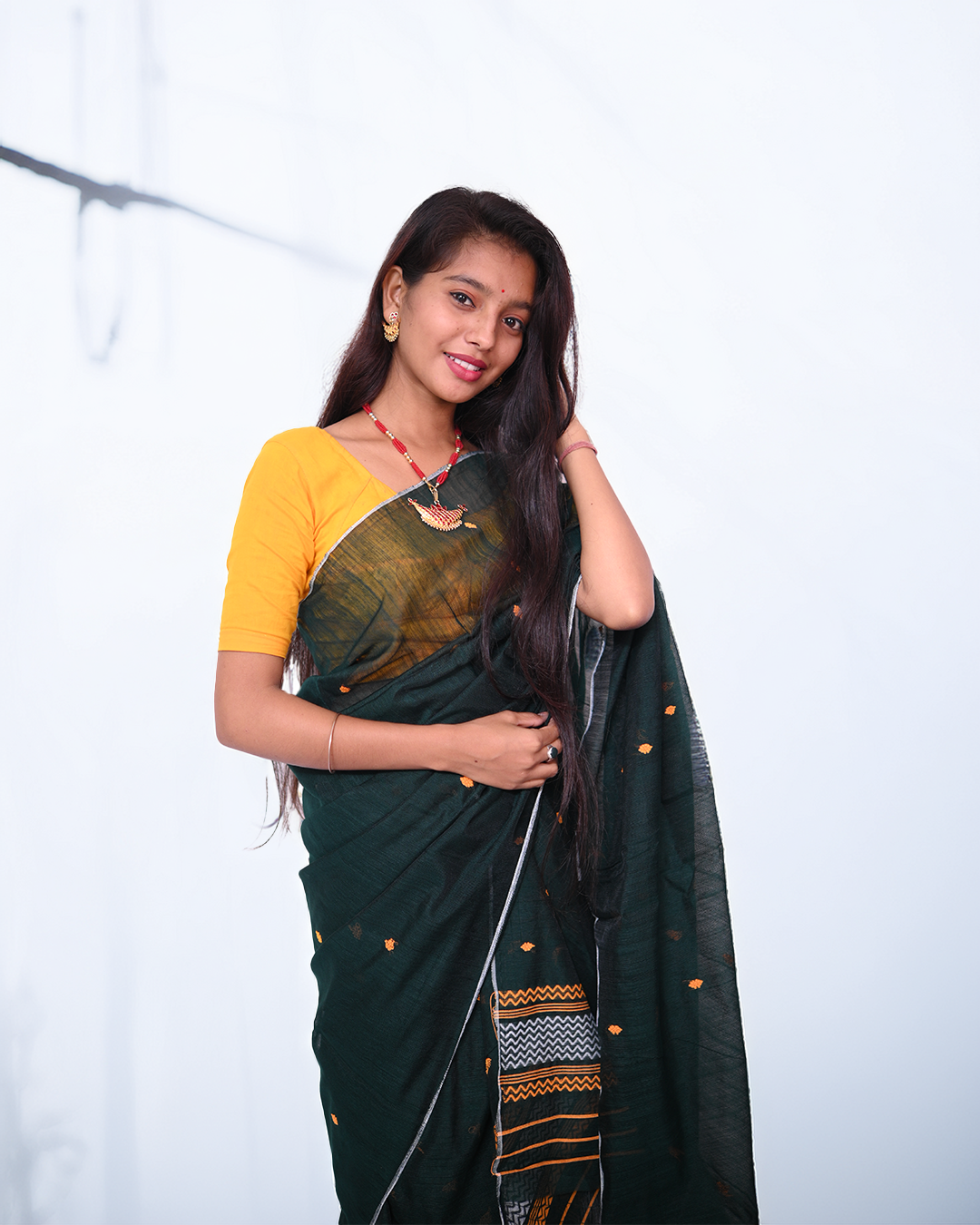 Handcrafted Dark Green Staple Cotton Mekhela Sador with Unstitched Blouse Piece