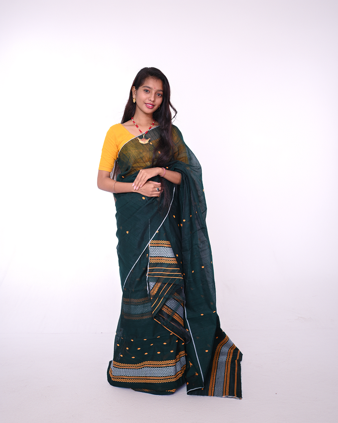 Handcrafted Dark Green Staple Cotton Mekhela Sador with Unstitched Blouse Piece