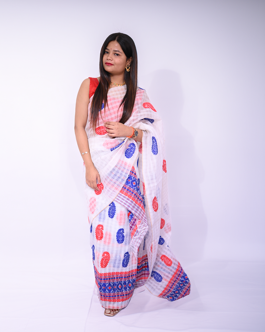 Handcrafted White Premium Kesapat Cotton Mekhela Sador with Unstitched Blouse Piece