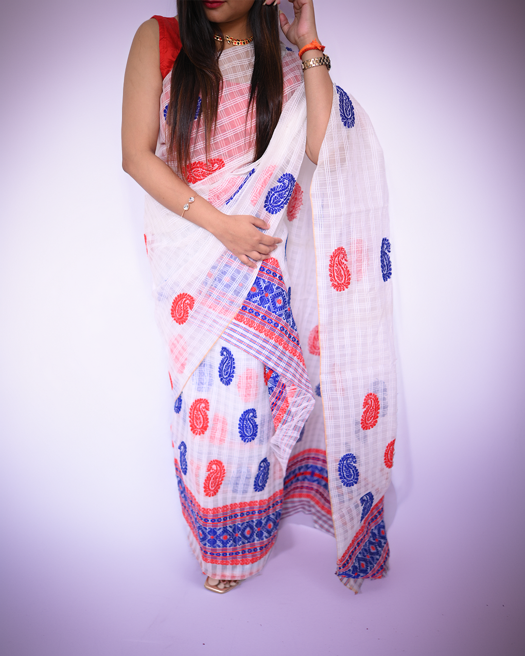 Handcrafted White Premium Kesapat Cotton Mekhela Sador with Unstitched Blouse Piece