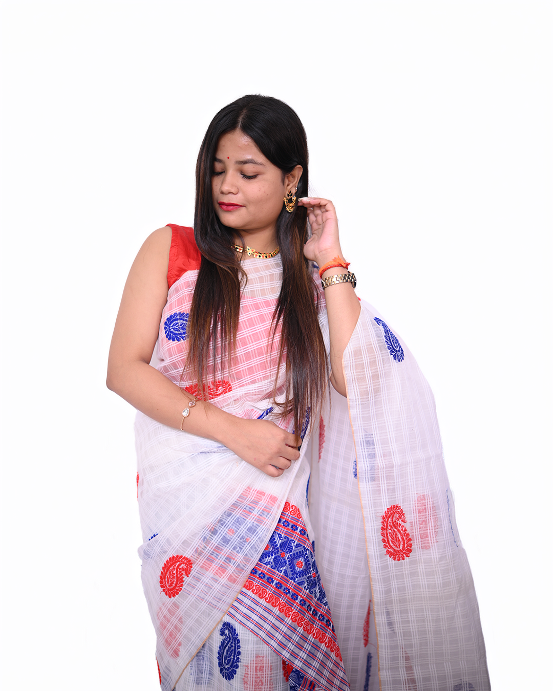 Handcrafted White Premium Kesapat Cotton Mekhela Sador with Unstitched Blouse Piece