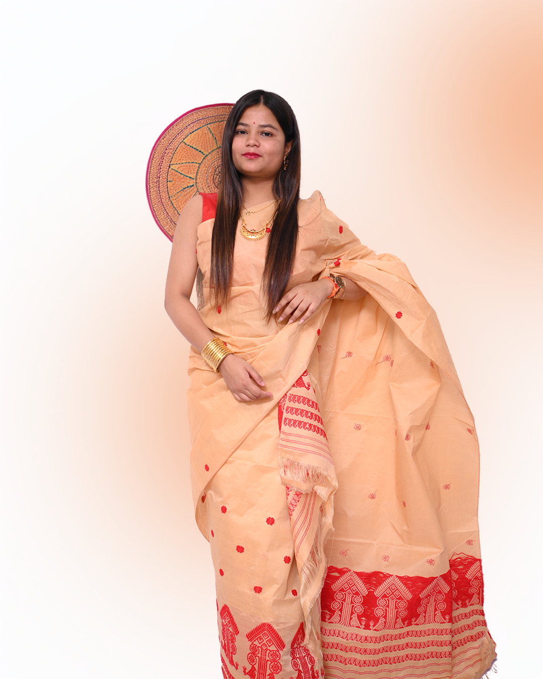 Handcrafted Golden Muga-Colored Blended Toss-Cotton Mekhela Sador with Unstitched Blouse Piece