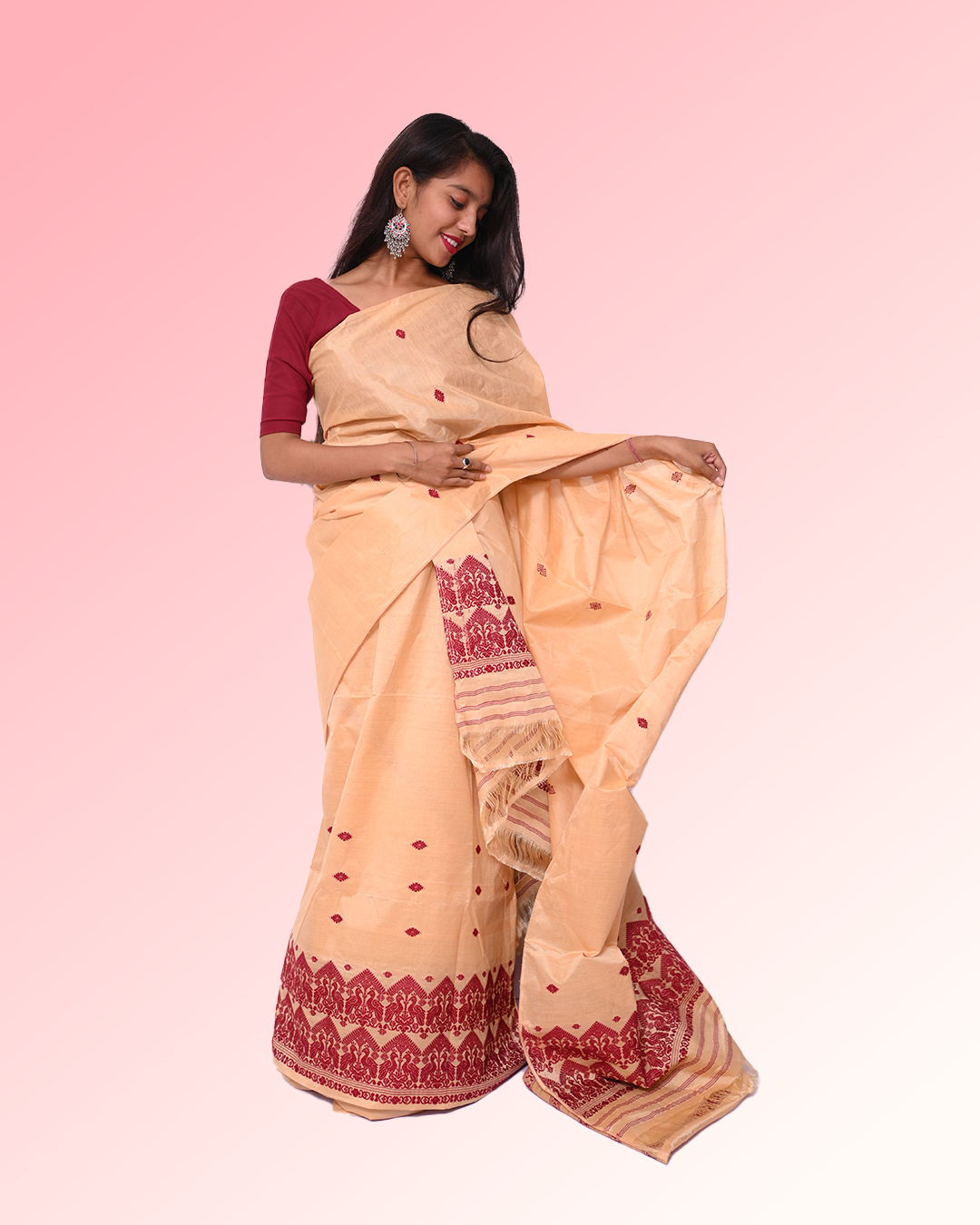 Handcrafted Golden Muga-Colored Blended Toss-Cotton  bird motif  Mekhela Sador with Unstitched Blouse Piece