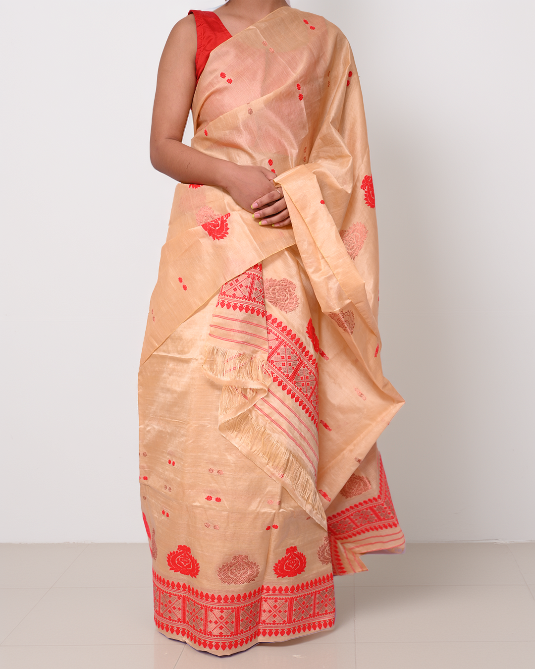 Handcrafted Muga-Colored Blended Tussar Silk Mekhela Sador with Unstitched Blouse Piece