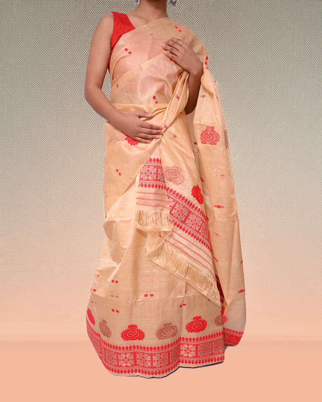 Handcrafted Muga-Colored Blended Tussar Silk Mekhela Sador with Unstitched Blouse Piece