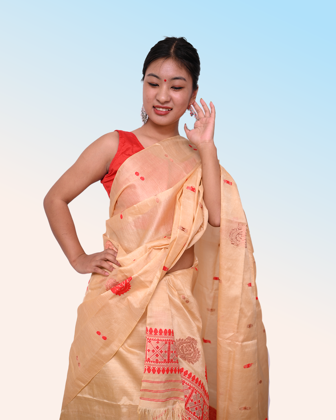 Handcrafted Muga-Colored Blended Tussar Silk Mekhela Sador with Unstitched Blouse Piece