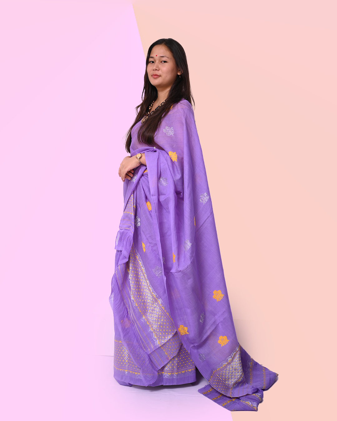 Handcrafted Lavender Purple Nooni Cotton Mekhela Sador with Unstitched Blouse Piece