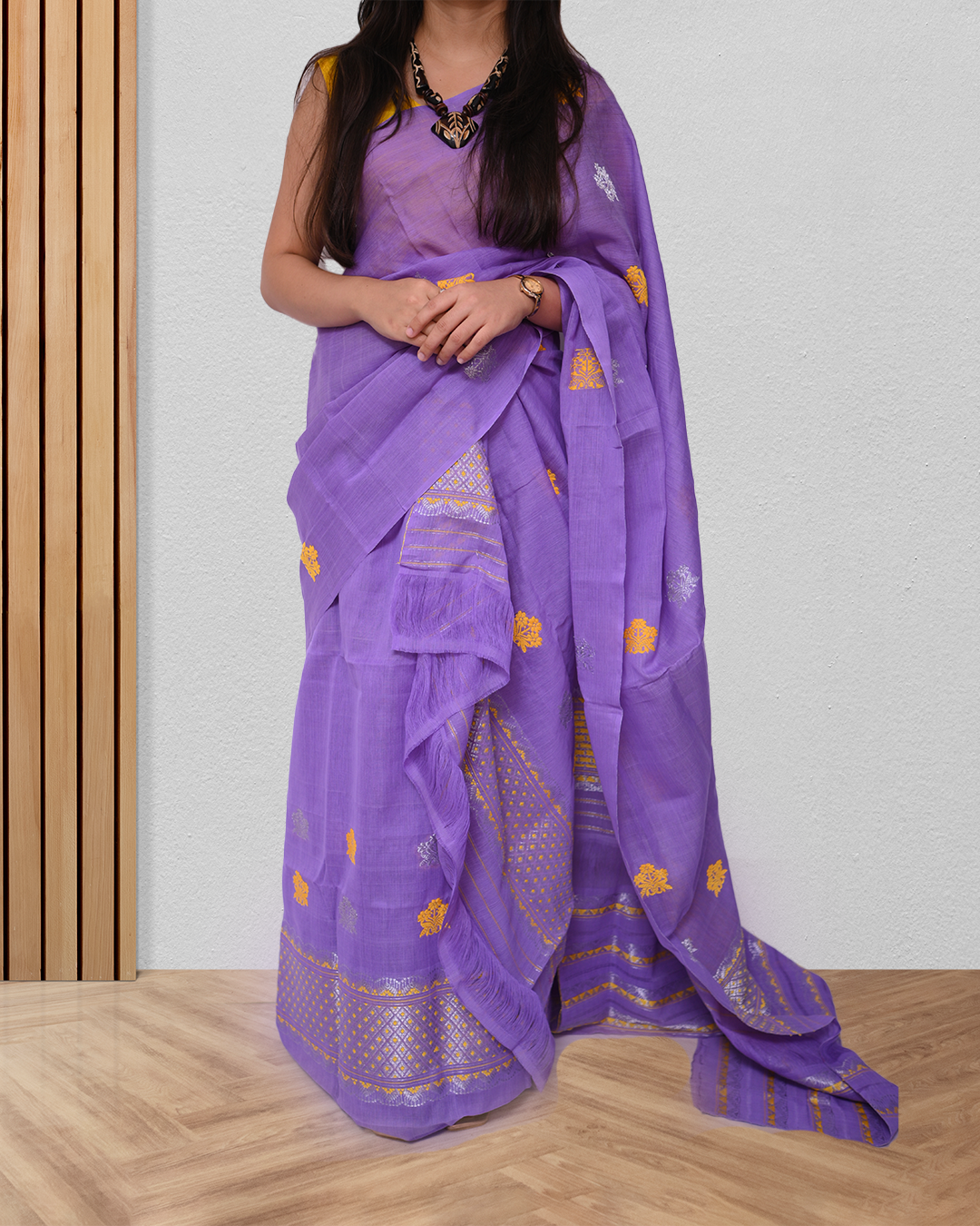 Handcrafted Lavender Purple Nooni Cotton Mekhela Sador with Unstitched Blouse Piece