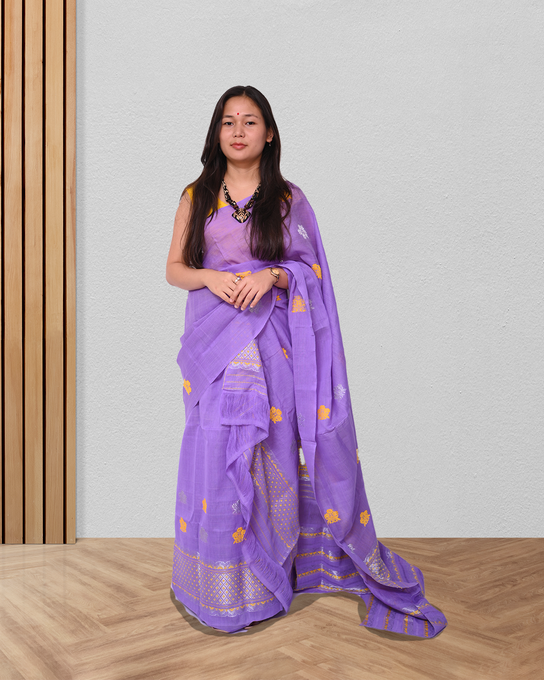 Handcrafted Lavender Purple Nooni Cotton Mekhela Sador with Unstitched Blouse Piece