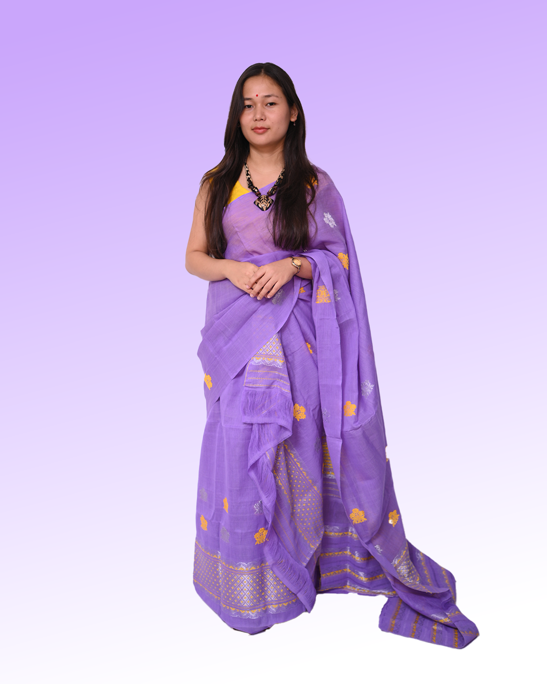 Handcrafted Lavender Purple Nooni Cotton Mekhela Sador with Unstitched Blouse Piece