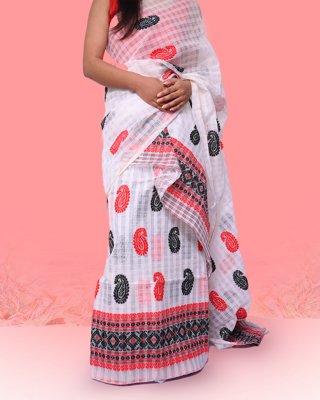 Handcrafted White Premium Kesapat Cotton Mekhela Sador with Unstitched Blouse Piece