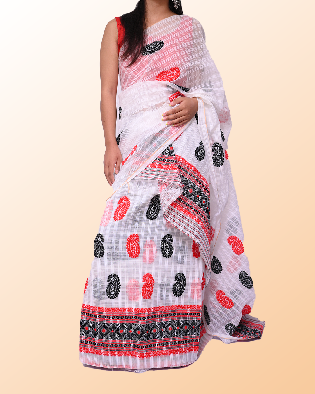 Handcrafted White Premium Kesapat Cotton Mekhela Sador with Unstitched Blouse Piece