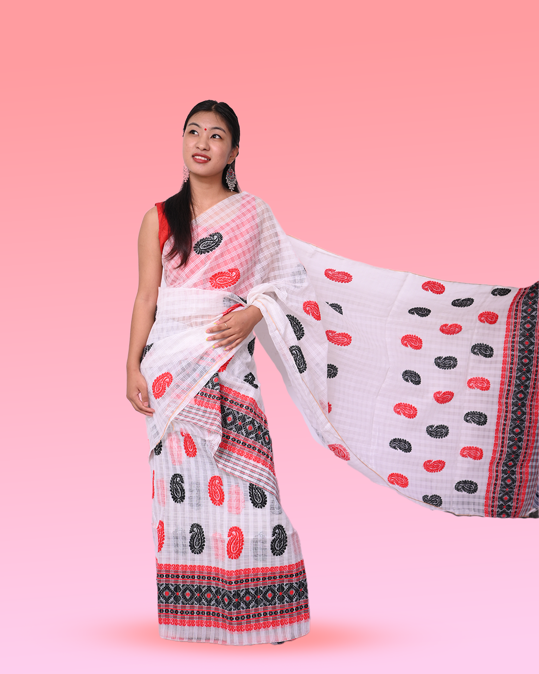 Handcrafted White Premium Kesapat Cotton Mekhela Sador with Unstitched Blouse Piece