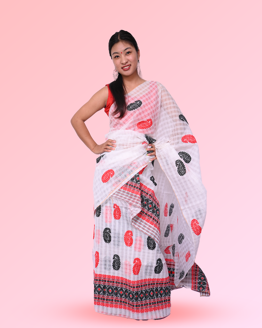Handcrafted White Premium Kesapat Cotton Mekhela Sador with Unstitched Blouse Piece
