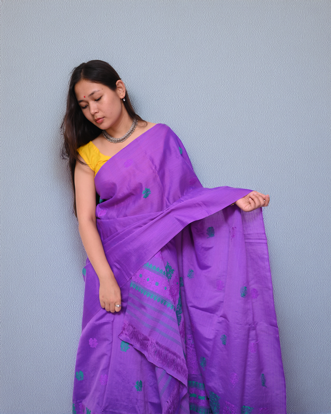 Handcrafted Royal Purple Kesapat Cotton Mekhela Sador with Unstitched Blouse Piece