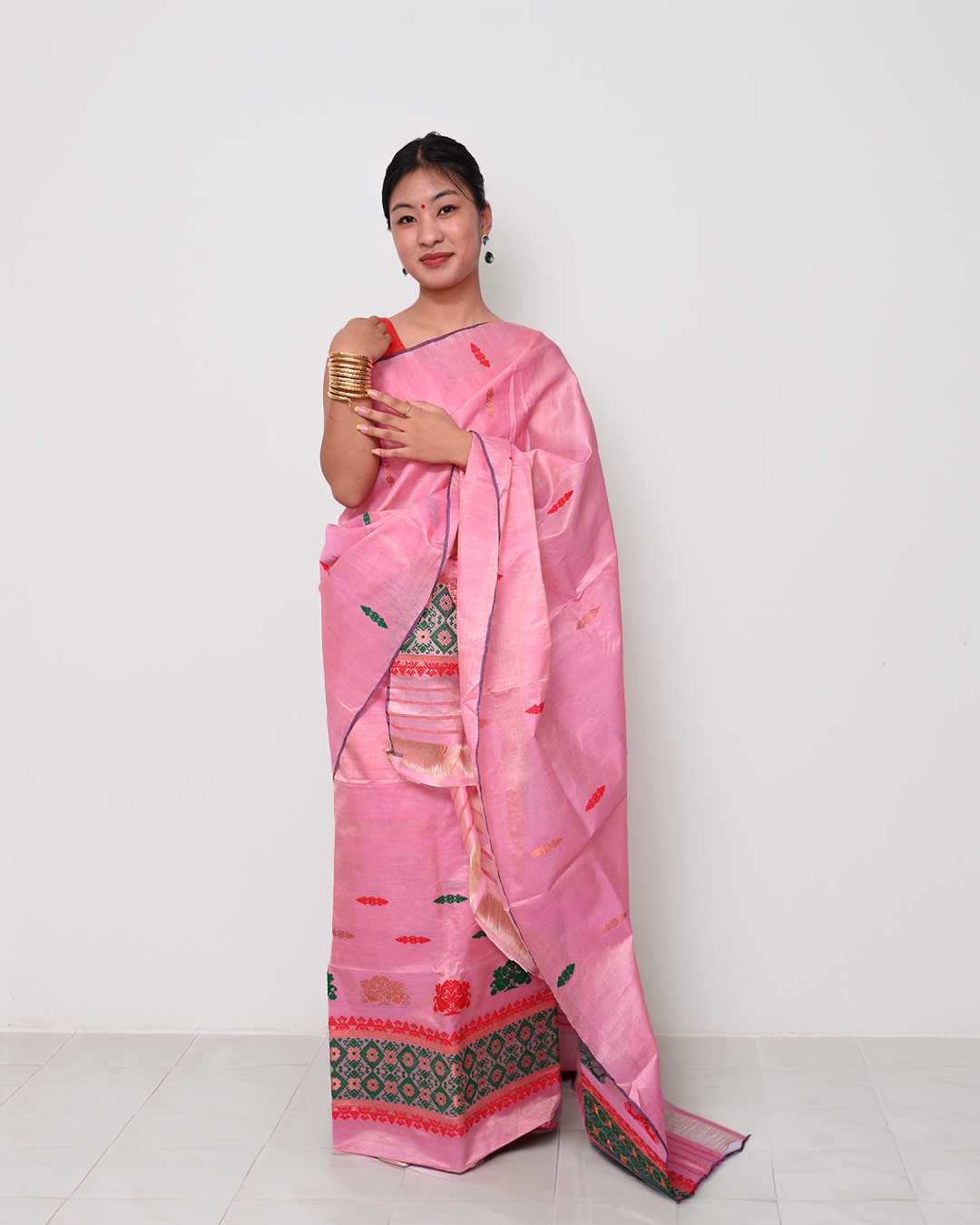 Handcrafted Pink Blended Tussar Silk Mekhela Sador with Unstitched Blouse Piece
