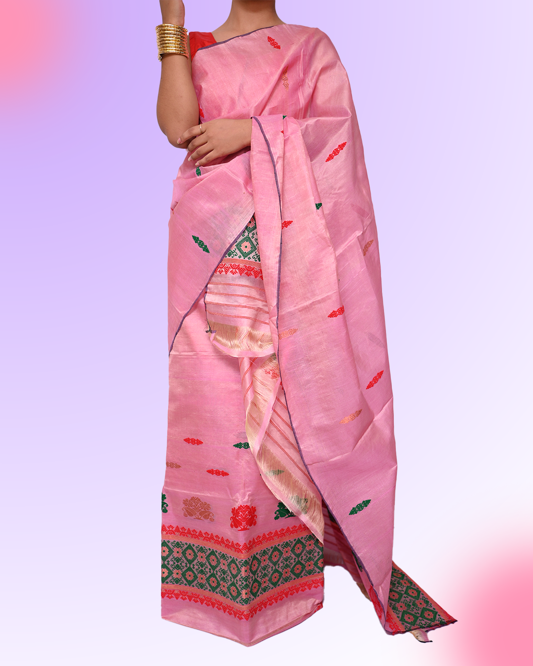 Handcrafted Pink Blended Tussar Silk Mekhela Sador with Unstitched Blouse Piece