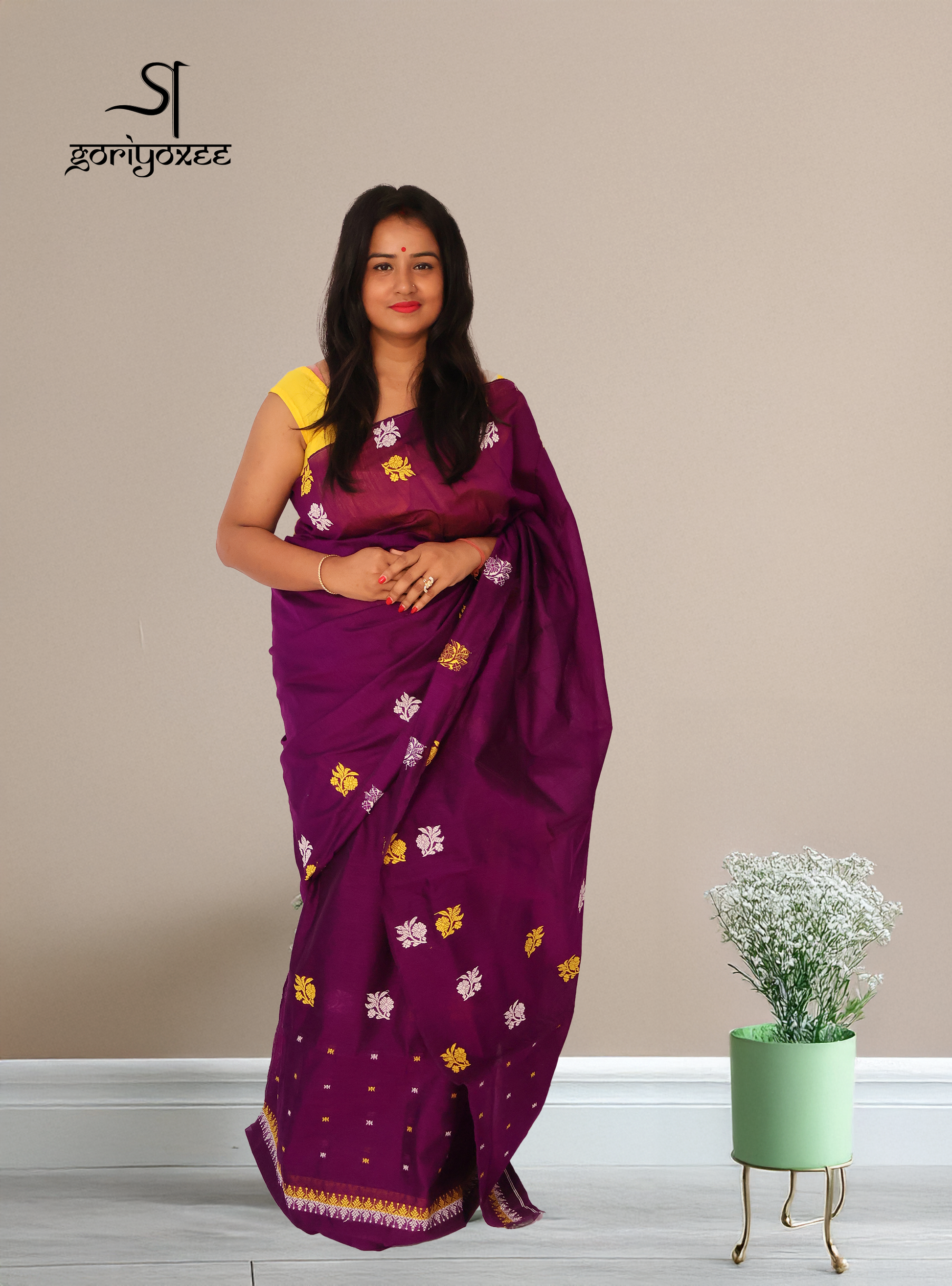 Handwoven Deep Plum Staple Cotton Mekhela Sador (Ready to Wear) with Yellow  White Floral Motifs + Unstitched Blouse Piece
