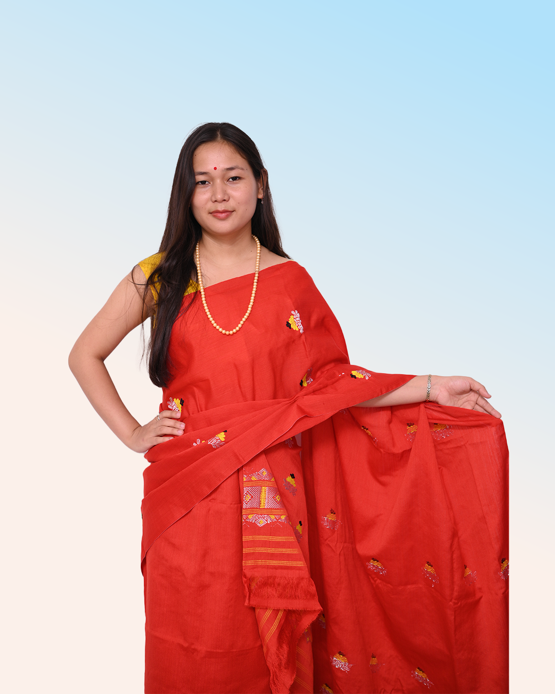 Handcrafted Red Colored Kesapat Cotton Mekhela Sador with Unstitched Blouse Piece